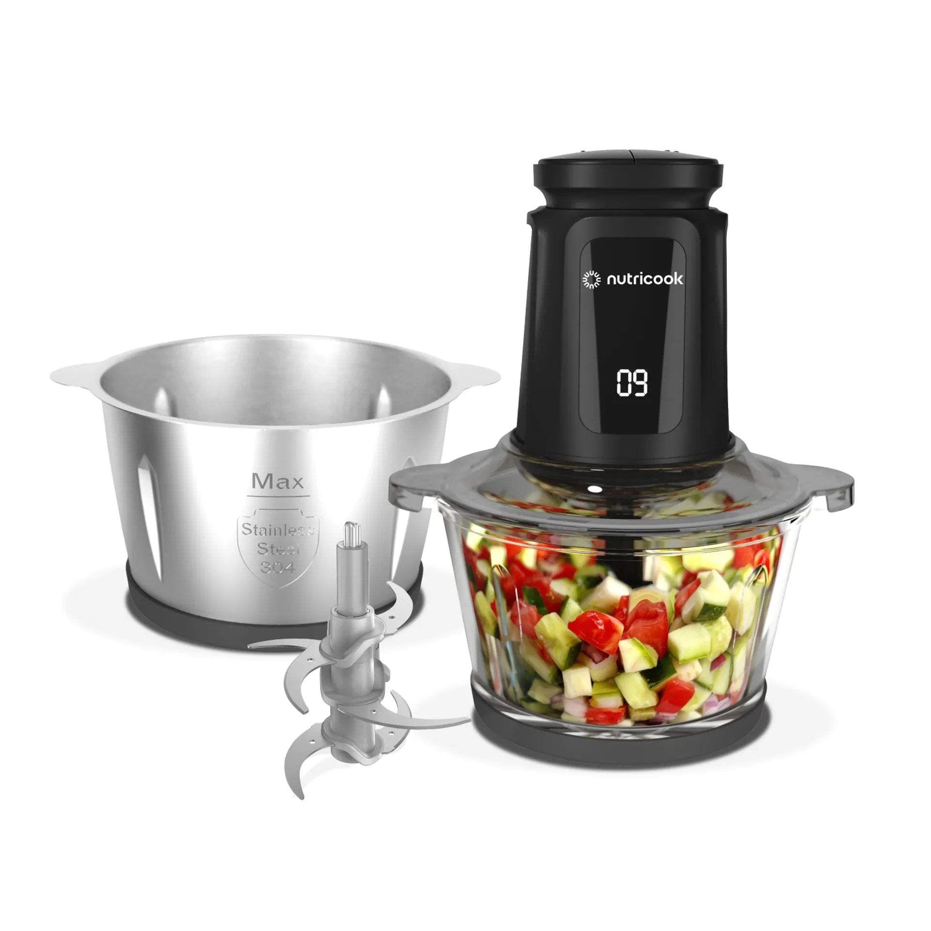 Nutricook Glass Chopper & Mincer -500W, Dual 3L Bowls, 4 Detachable SS Blades