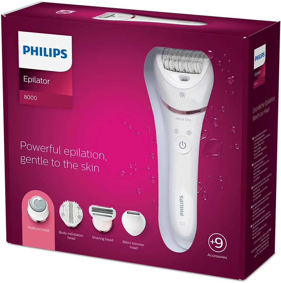 Philips Series 8000 Epilator, Wet And Dry Cordless Hair Removal And Skin Care System, With 9 Accessories