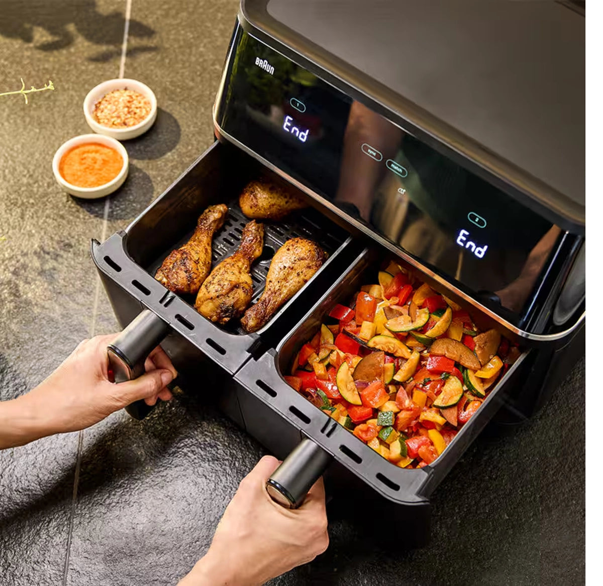 Braun Air Fryer 10 L, 2400 W Dual Baskets, Digital Touch Screen, Black Braun Air Fryer 10 L, 2400 W Dual Baskets, Digital Touch Screen, Black