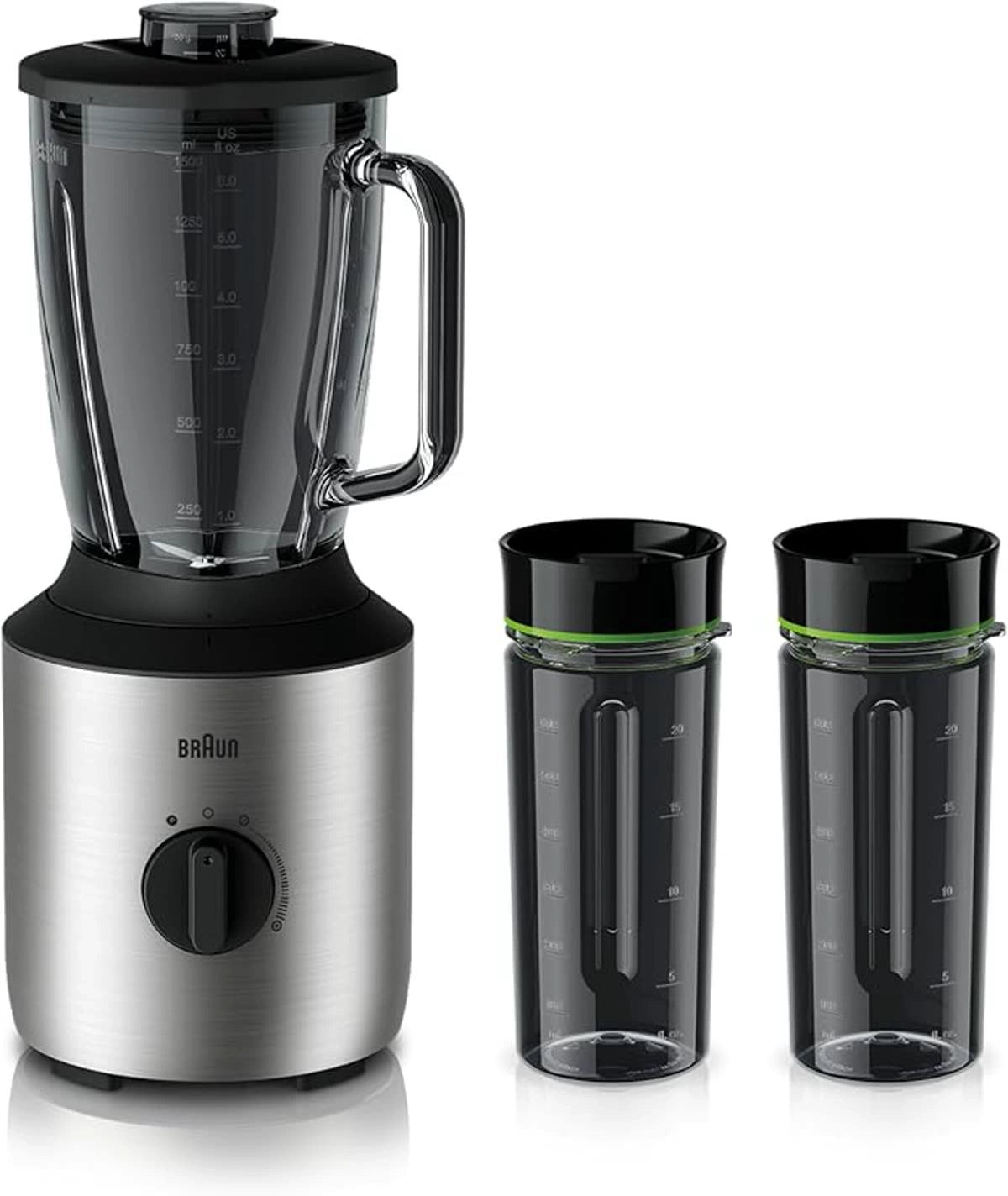 Braun Blender 800 W Variable Speed Dial + Pulse, 1.5 L, Glass, With 2 Smoothie To Go Cups, Silver