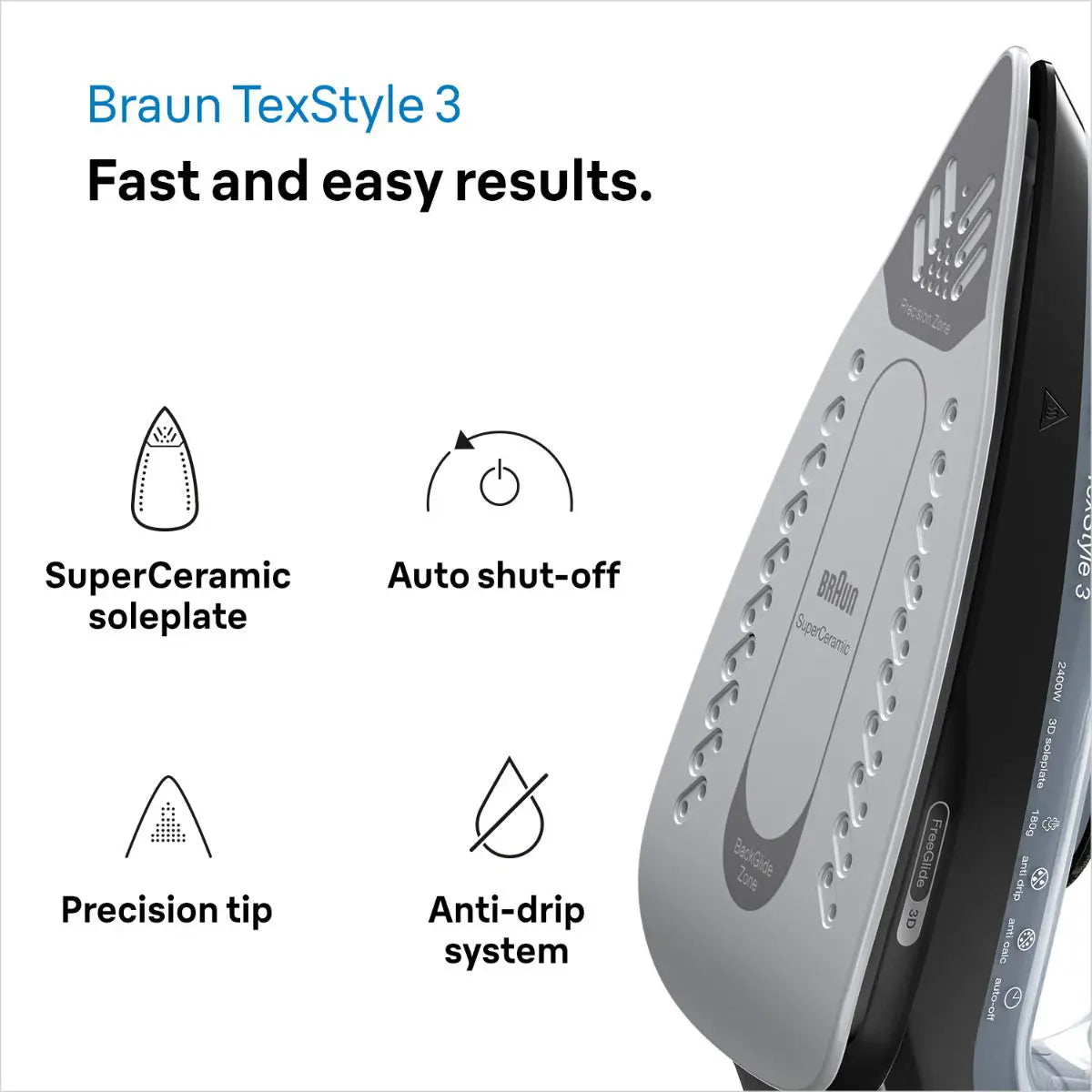 Braun Iron Super Ceramic With Free Glide 3d Technology, 2400 W, 270 Ml Water Capacity, Black,