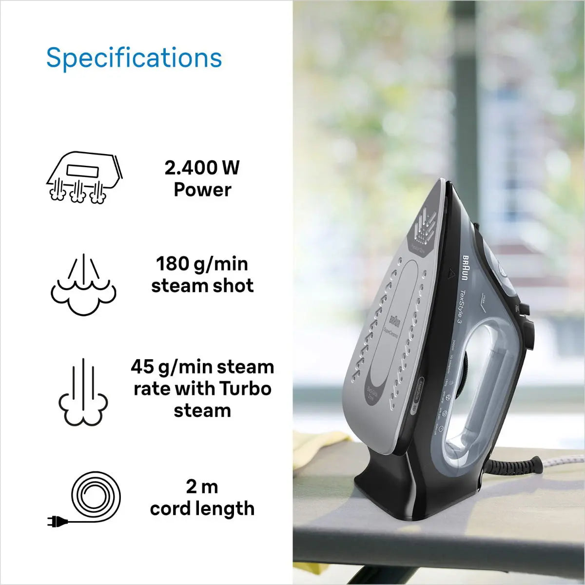 Braun Iron Super Ceramic With Free Glide 3d Technology, 2400 W, 270 Ml Water Capacity, Black,