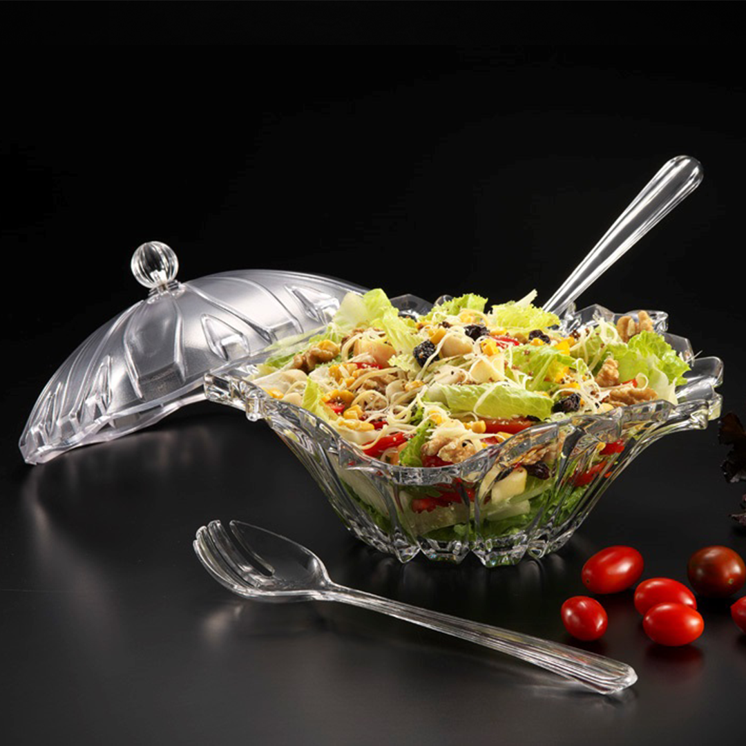 Vague Acrylic Salad Bowl W/ Spoon & Fork Servers 28.7*28.7*11 - Whole and All