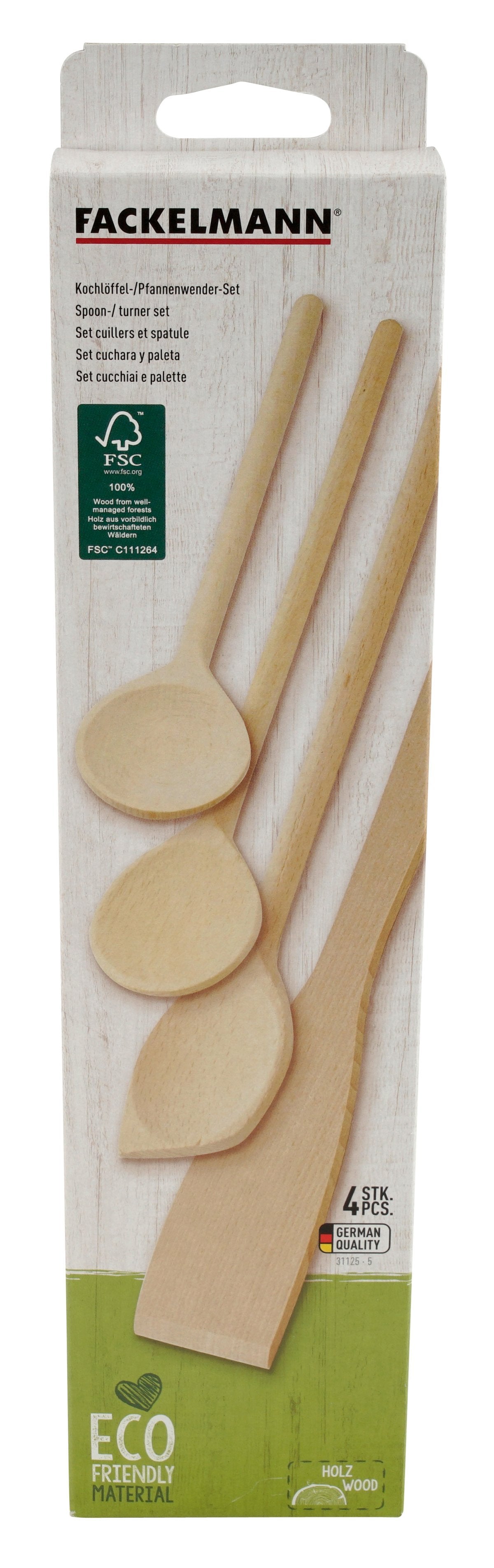 Fackelmann Nature Beech Wood Spoon/Turner Set, 4 pieces