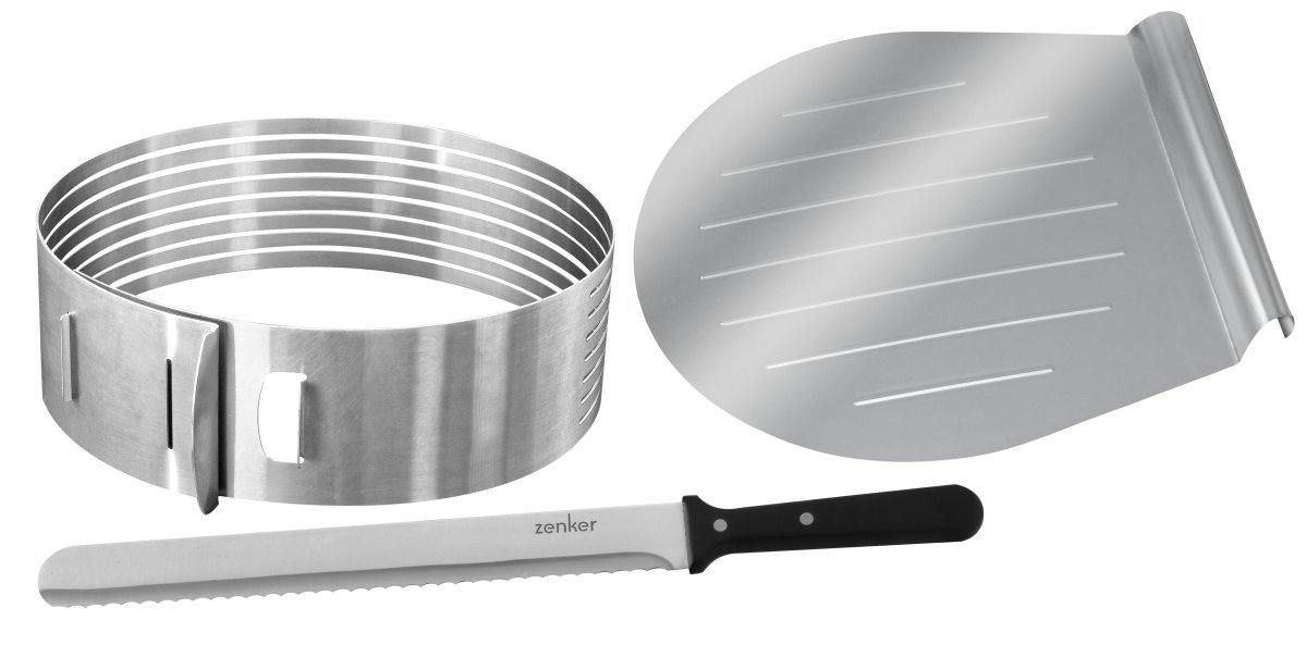 Zenker  "Patisserie" Stainless Steel Layer Cake Slicing Kit With 12" Serrated Knife, 3-Piece - Whole and All